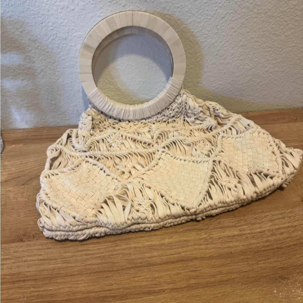 Anthropologie Ivory Woven Tote with Button Detail